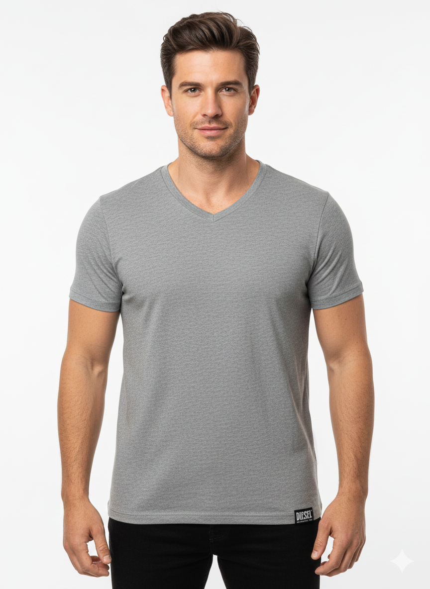 DIESEL MEN’S PREMIUM GREY  V-NECK COTTON T-SHIRT