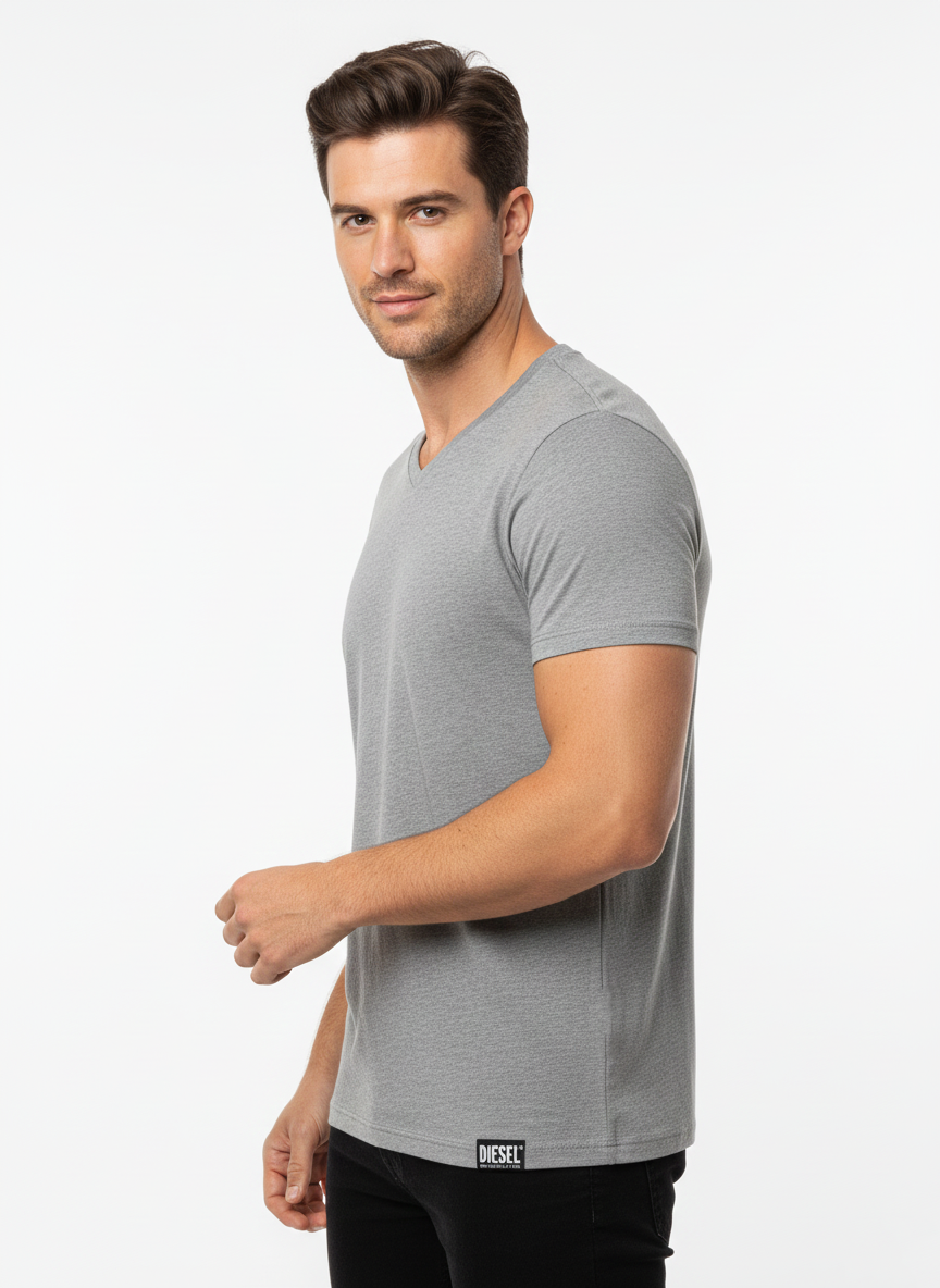 DIESEL MEN’S PREMIUM GREY  V-NECK COTTON T-SHIRT