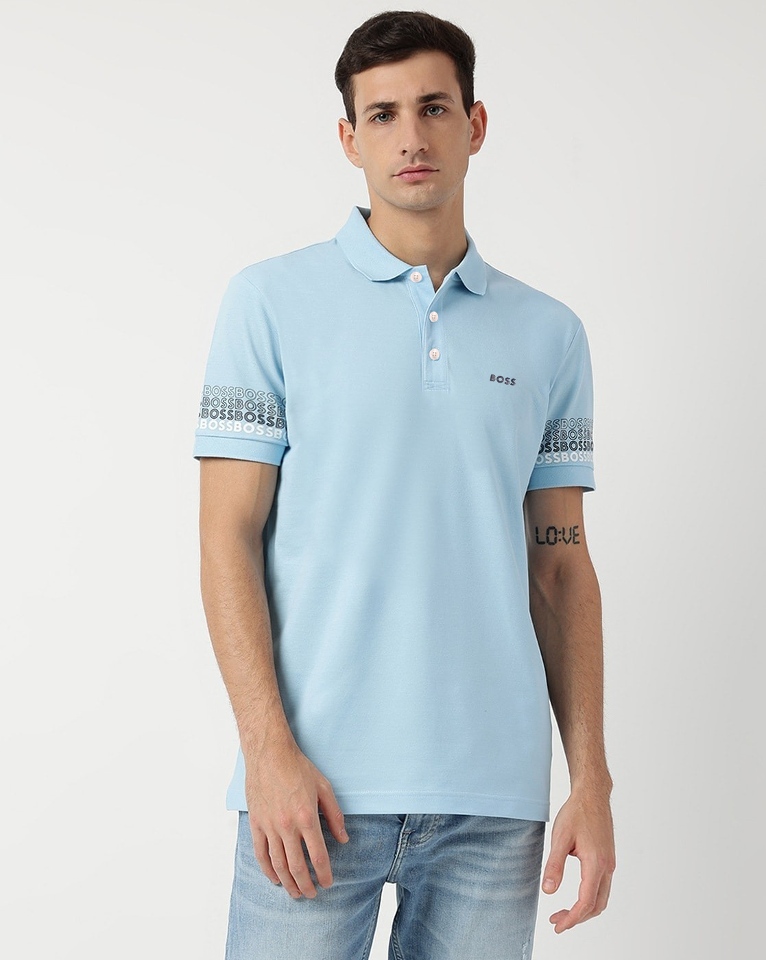 HUGO BOSS LOGOS COTTON PIQUE JACUARD POLO SHIRT | LIGHT BLUE
