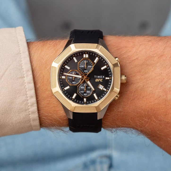 Timex UFC Men’s King 45mm Chronograph Watch – Black Silicone Strap, Gold-Tone Accents