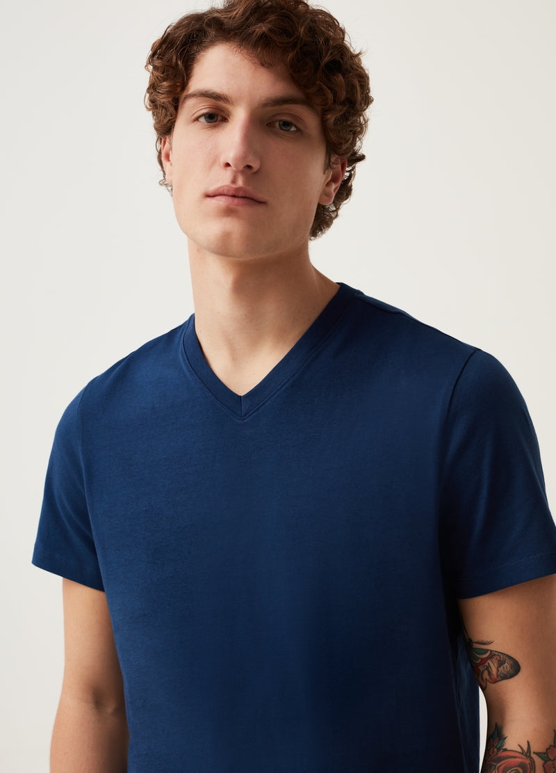 OVS ORGANIC COTTON T-SHIRT WITH V NECK | BLUE