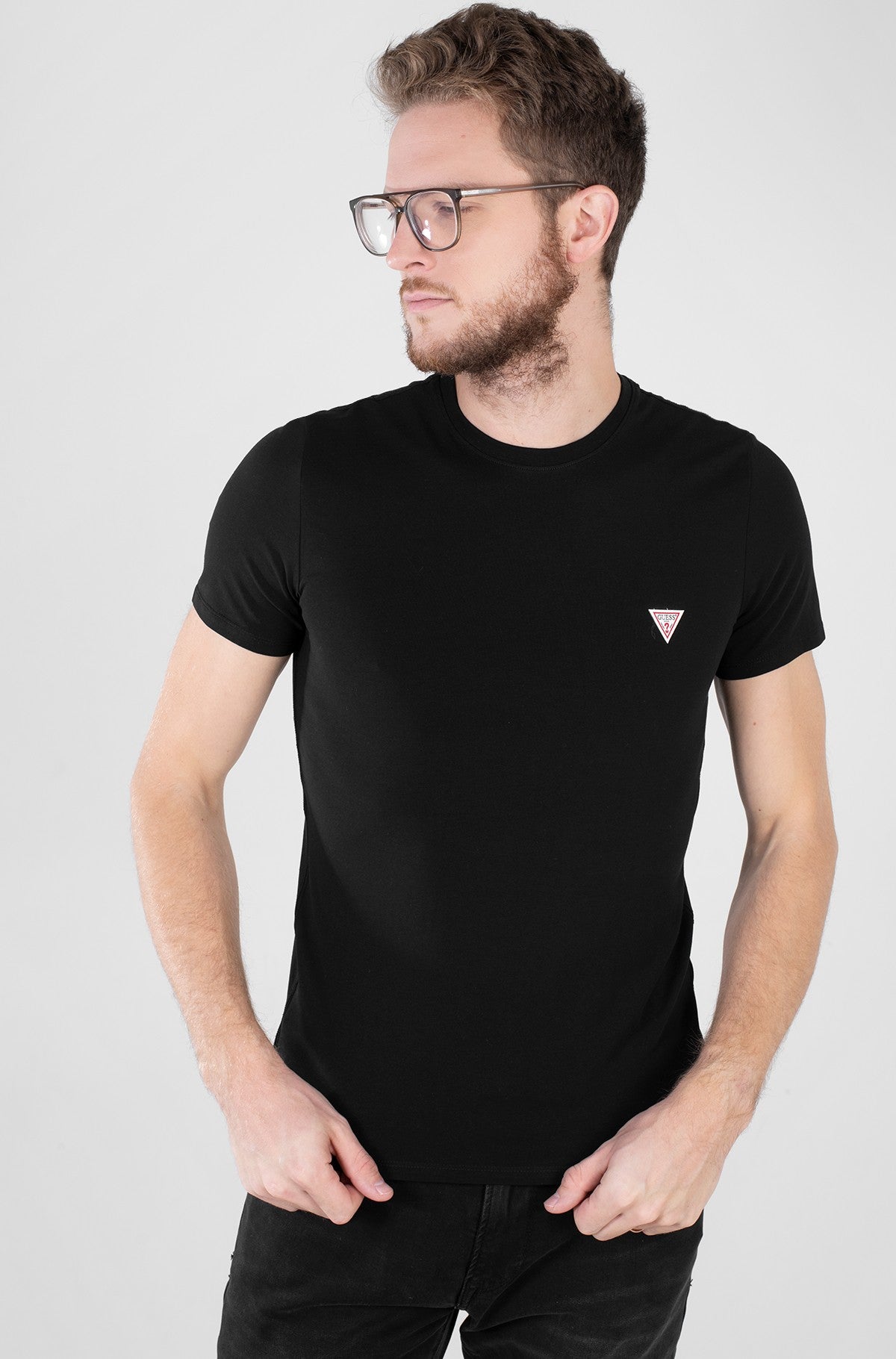 GUESS SLIM FIT ROUND NECK LOGO T-SHIRT | BLACK