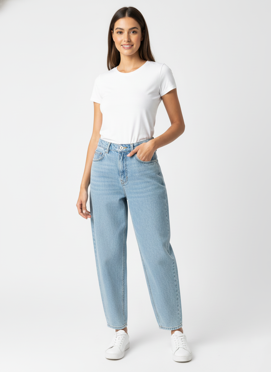 WOMEN’S BALLOON FIT HIGH WAIST DENIM JEANS - LIGHT BLUE