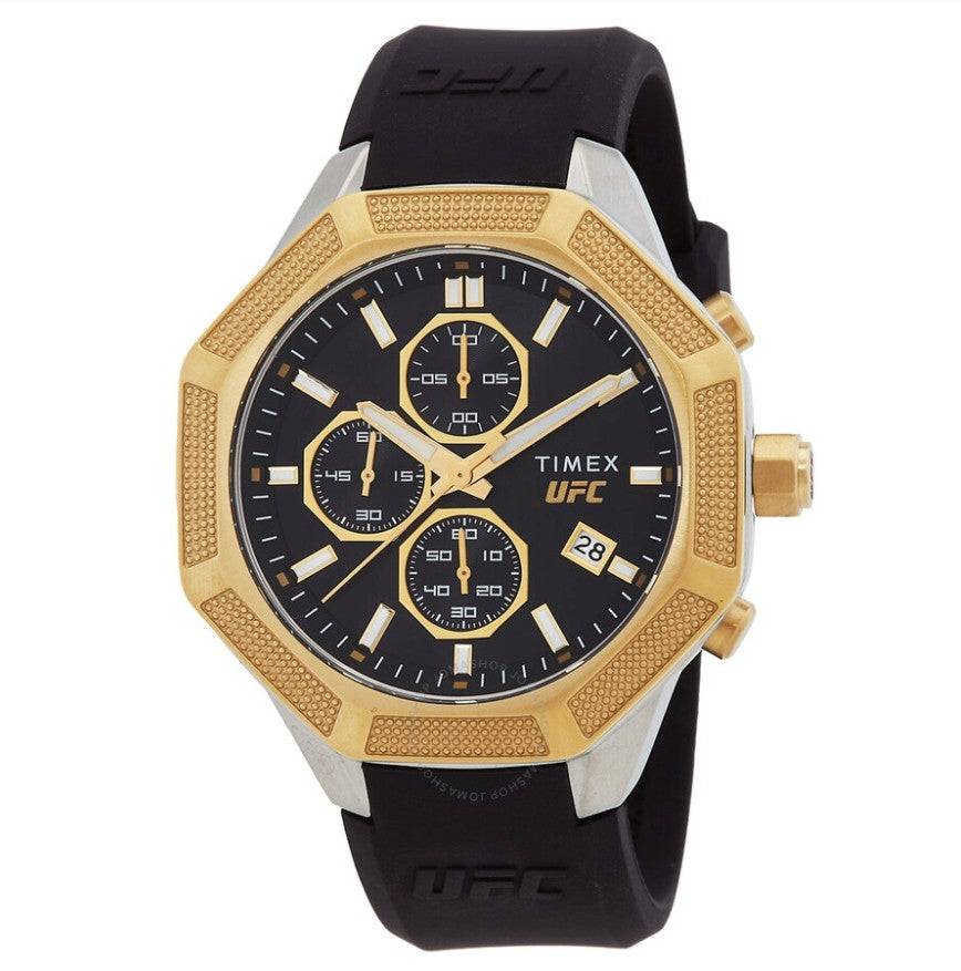 Timex UFC Men’s King 45mm Chronograph Watch – Black Silicone Strap, Gold-Tone Accents