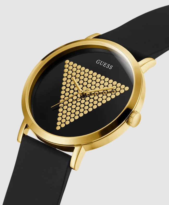 GUESS Iconic Studded Men’s Watch – Black Silicone Strap, Gold-Tone Logo Dial
