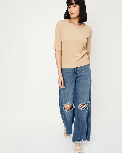 KIABI WOMEN'S CREW NECK RIBBED HALF SLEEVE TOP | BEIGE