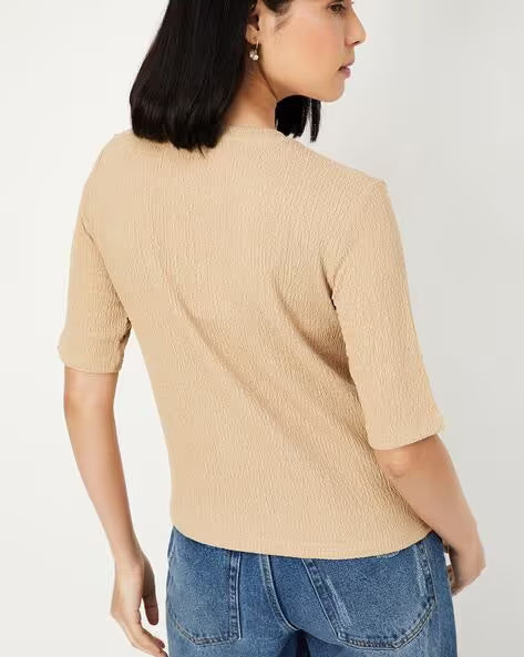 KIABI WOMEN'S CREW NECK RIBBED HALF SLEEVE TOP | BEIGE