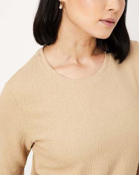 KIABI WOMEN'S CREW NECK RIBBED HALF SLEEVE TOP | BEIGE