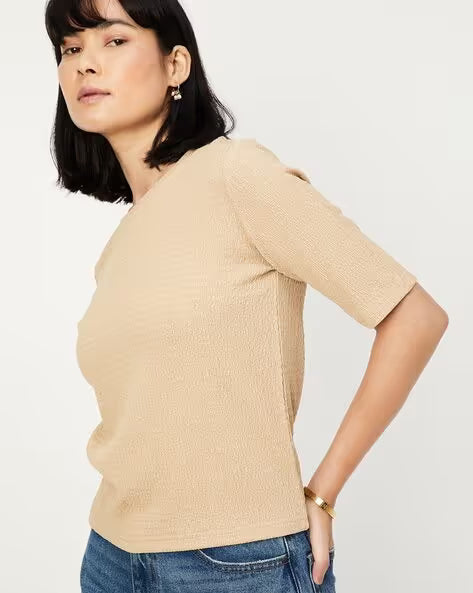 KIABI WOMEN'S CREW NECK RIBBED HALF SLEEVE TOP | BEIGE