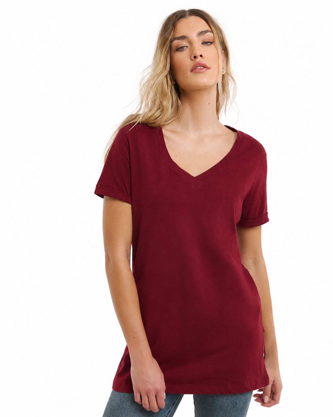 MOOKEE WOMEN'S BURGUNDY V-NECK COTTON T-SHIRT | SLEEVE TEE MAROON
