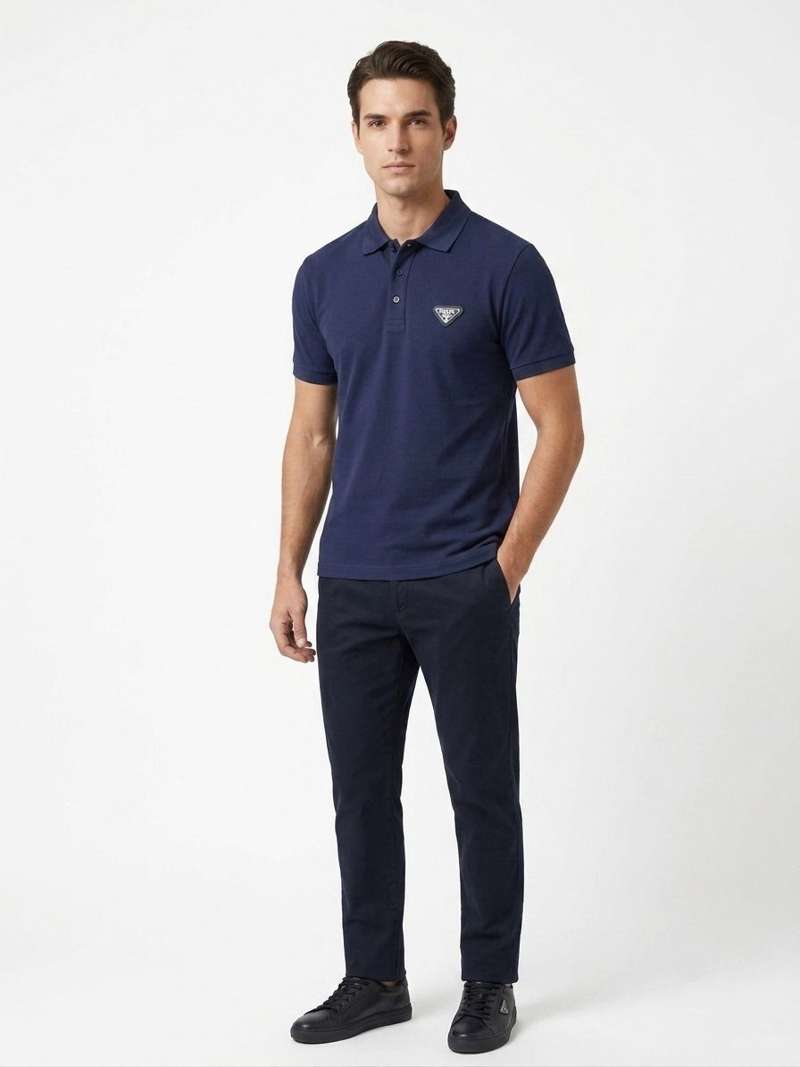 PRADA PIQUE MEN'S PLAIN TRIANGLE LOGO POLO | NAVY BLUE