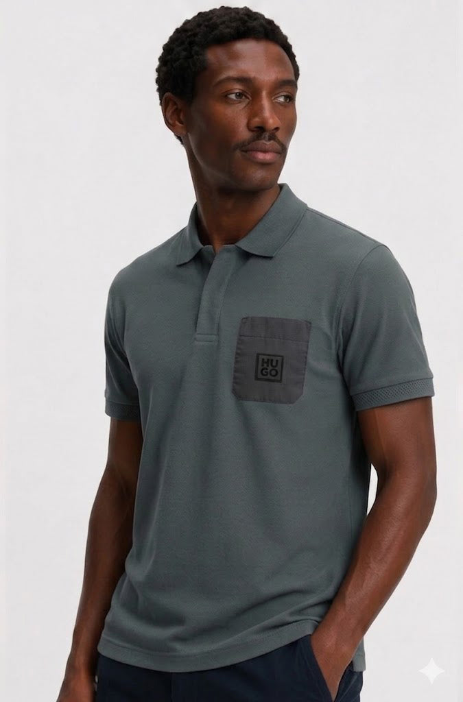 HUGO BOSS PREMIUM POLO SHIRT - BLACK LOGO PATCH | DARK GREY