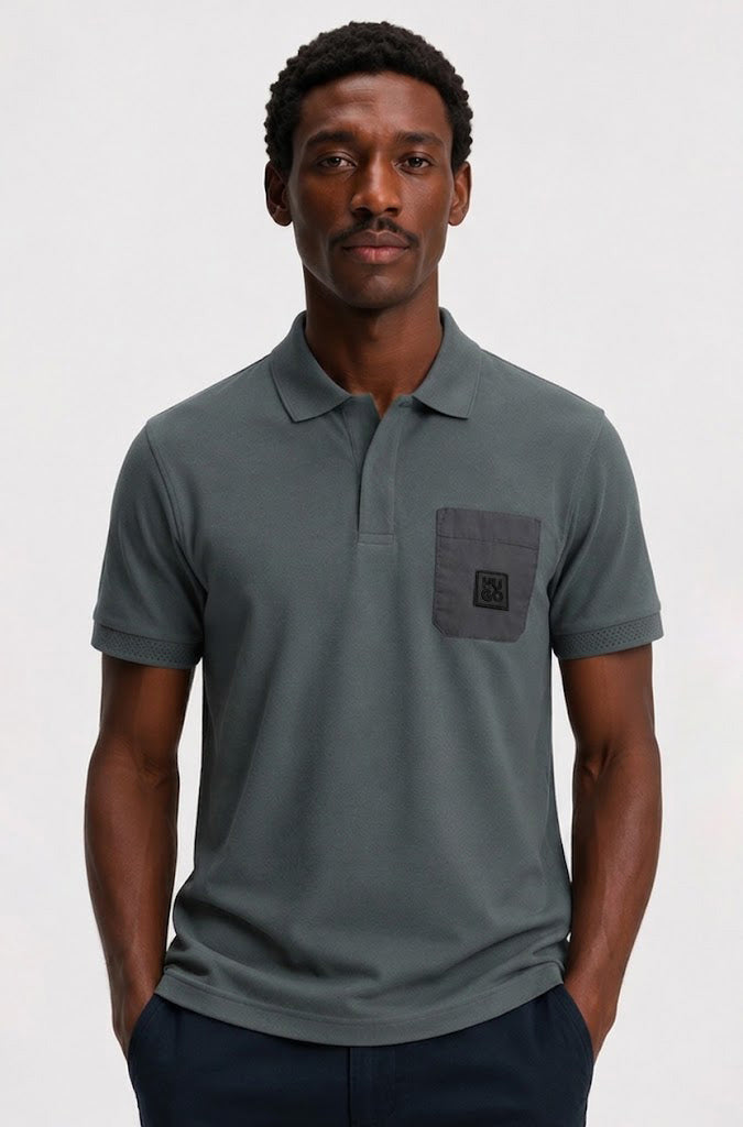 HUGO BOSS PREMIUM POLO SHIRT - BLACK LOGO PATCH | DARK GREY