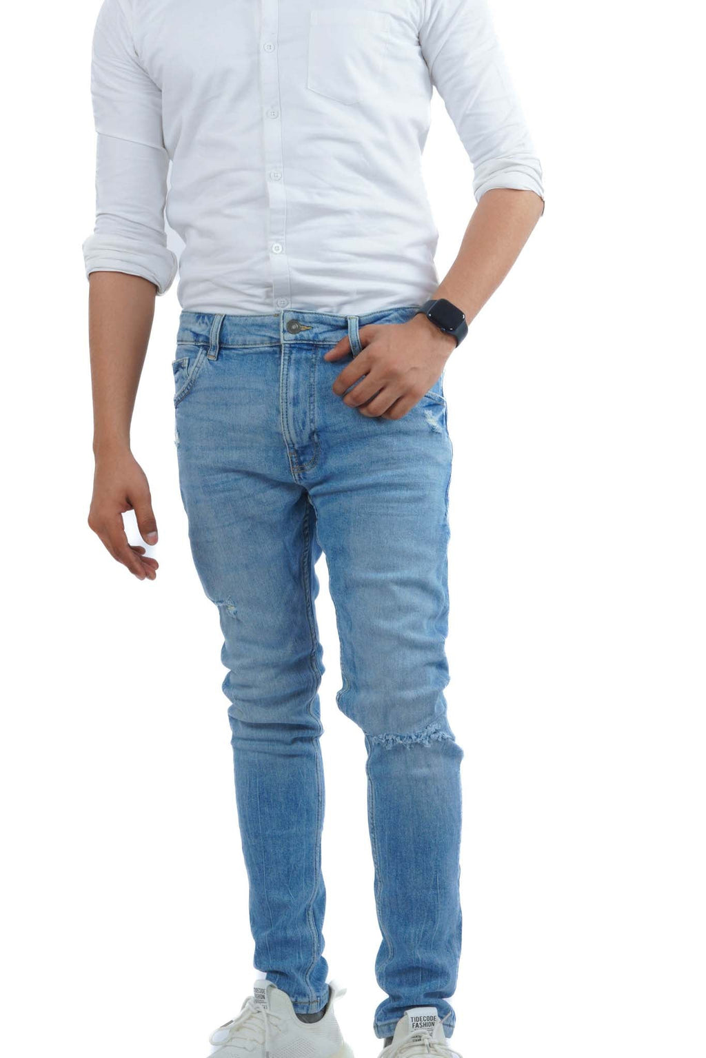 BERSHKA RIPPED SKINNY JEANS MEN | LIGHT BLUE