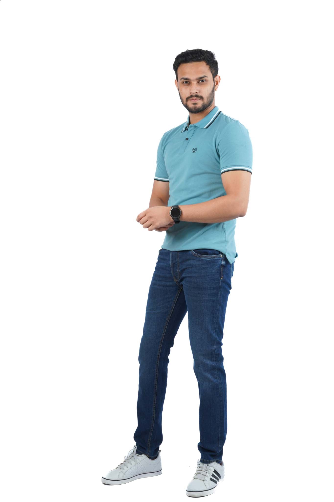 H&M MENS TIPPED POLO SHIRT WITH LOGO | SEA GREEN