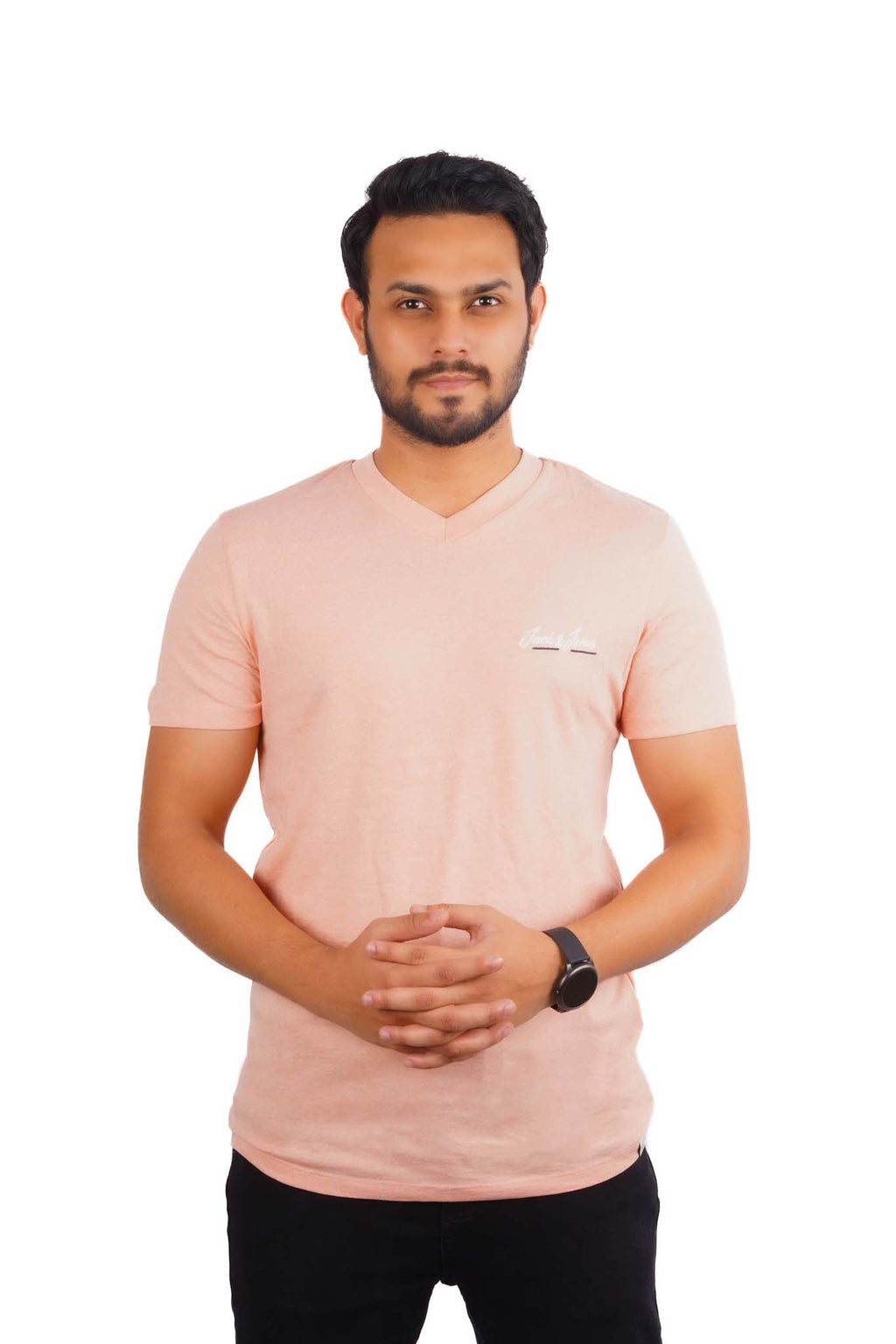 JACK & JONES - EMBROIDERED LOGO-V NECK T-SHIRT | LIGHT PEACH