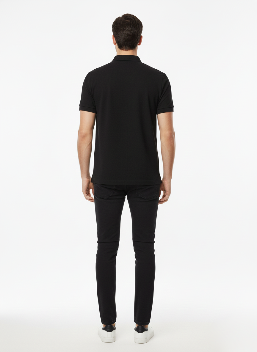 HUGO BOSS PREMIUM POLO SHIRT - BLACK LEATHER LOGO PATCH | BLACK