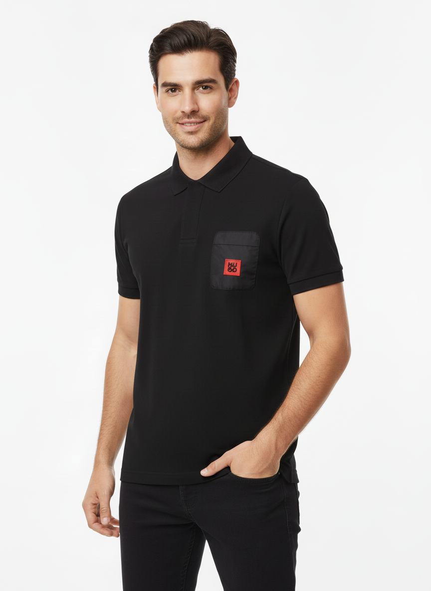 HUGO BOSS PREMIUM POLO SHIRT - BLACK LEATHER LOGO PATCH | BLACK