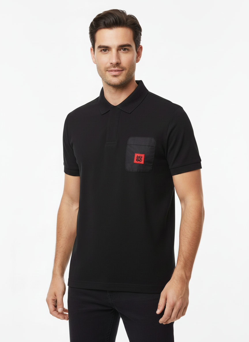 HUGO BOSS PREMIUM POLO SHIRT - BLACK LEATHER LOGO PATCH | BLACK