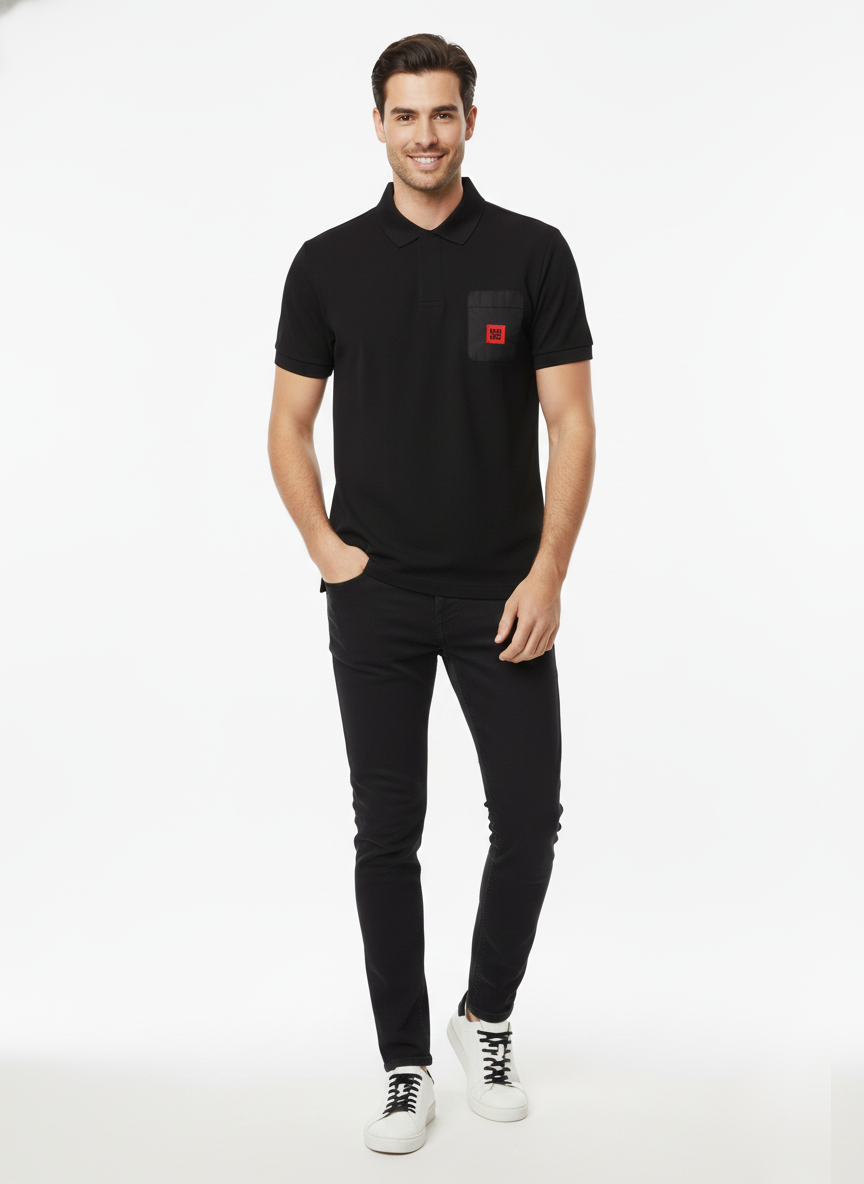 HUGO BOSS PREMIUM POLO SHIRT - BLACK LEATHER LOGO PATCH | BLACK