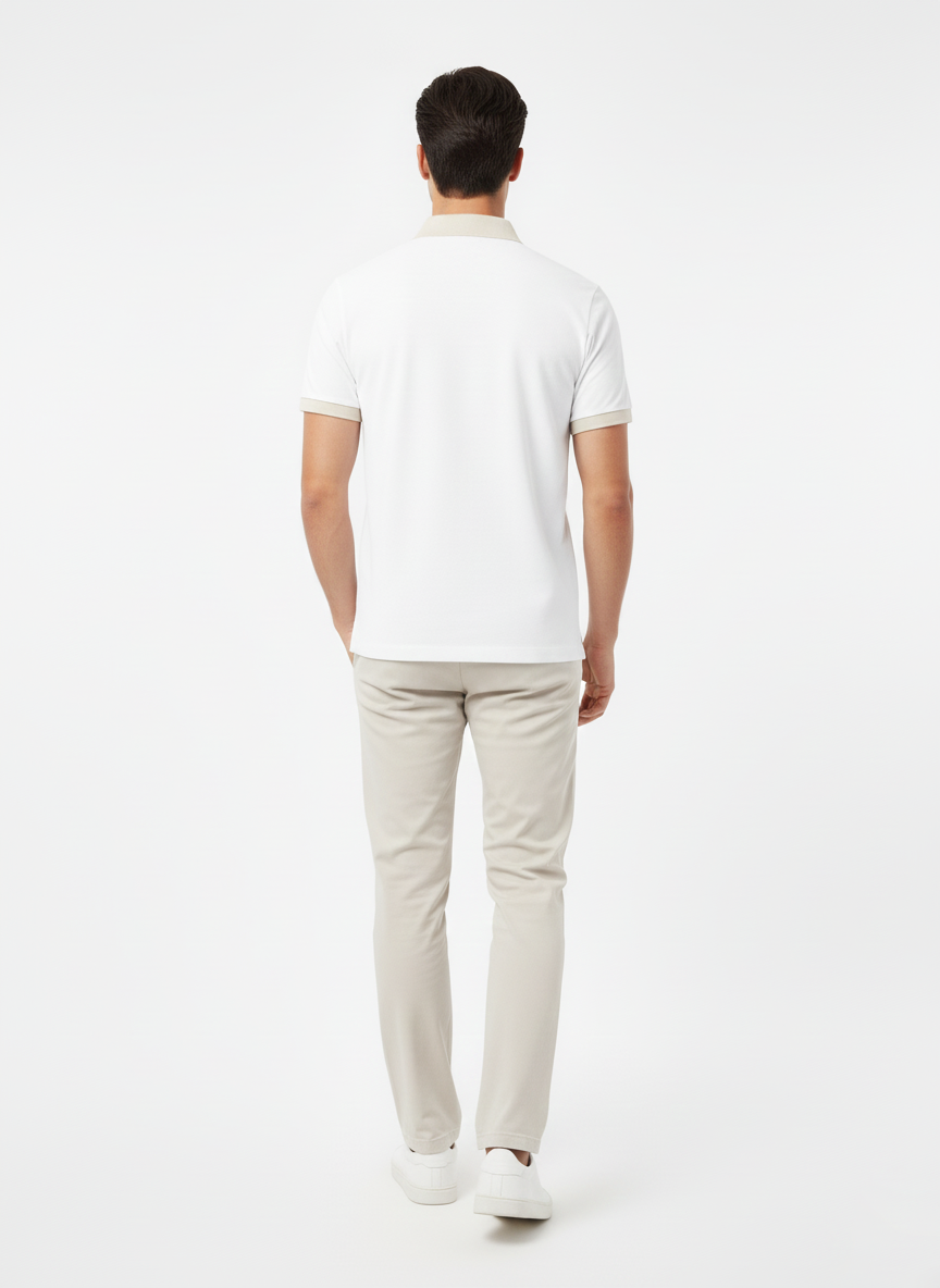 HUGO BOSS PREMIUM POLO SHIRT - BLACK LEATHER LOGO PATCH | WHITE