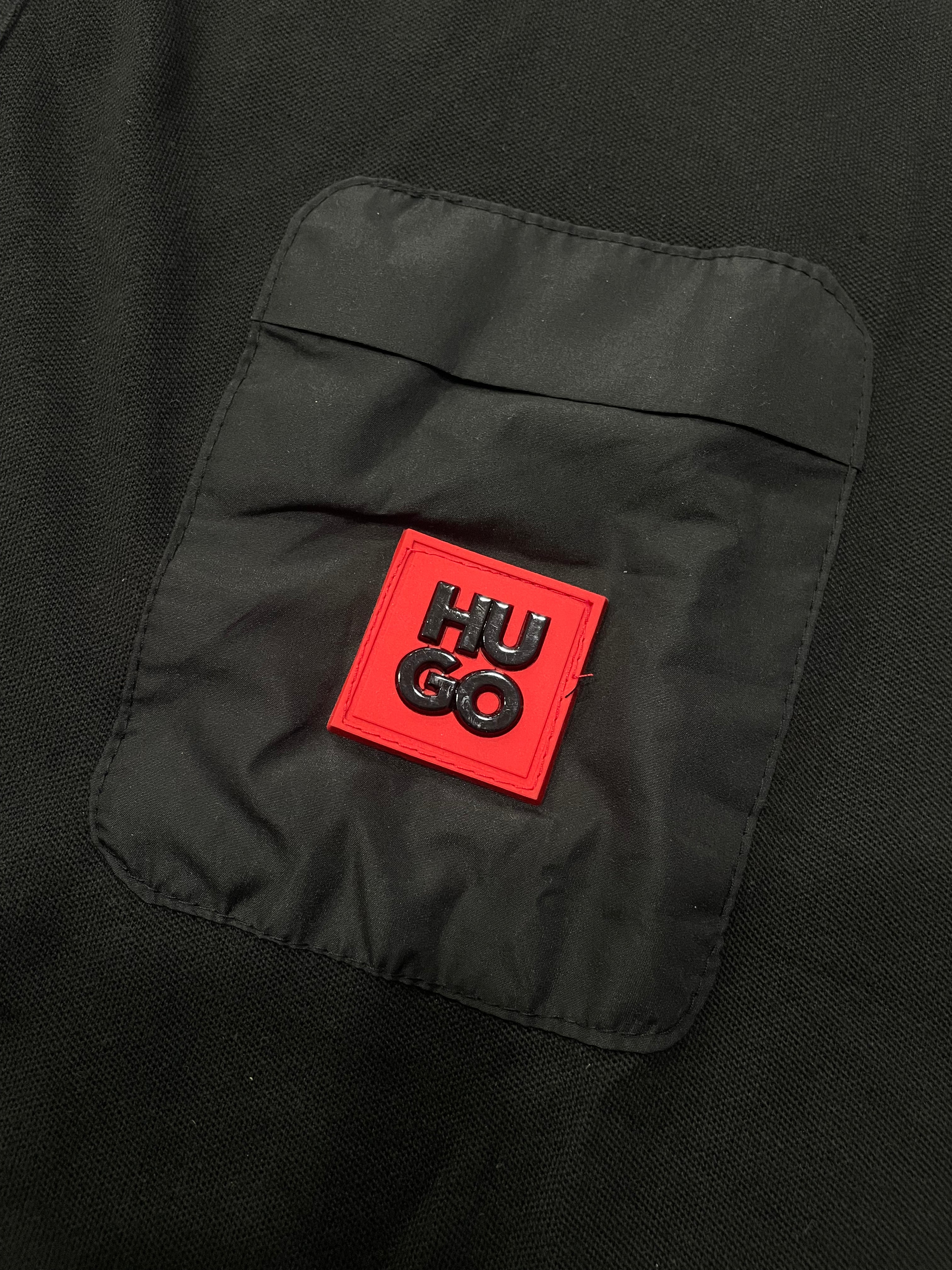 HUGO BOSS PREMIUM POLO SHIRT - BLACK LEATHER LOGO PATCH | BLACK