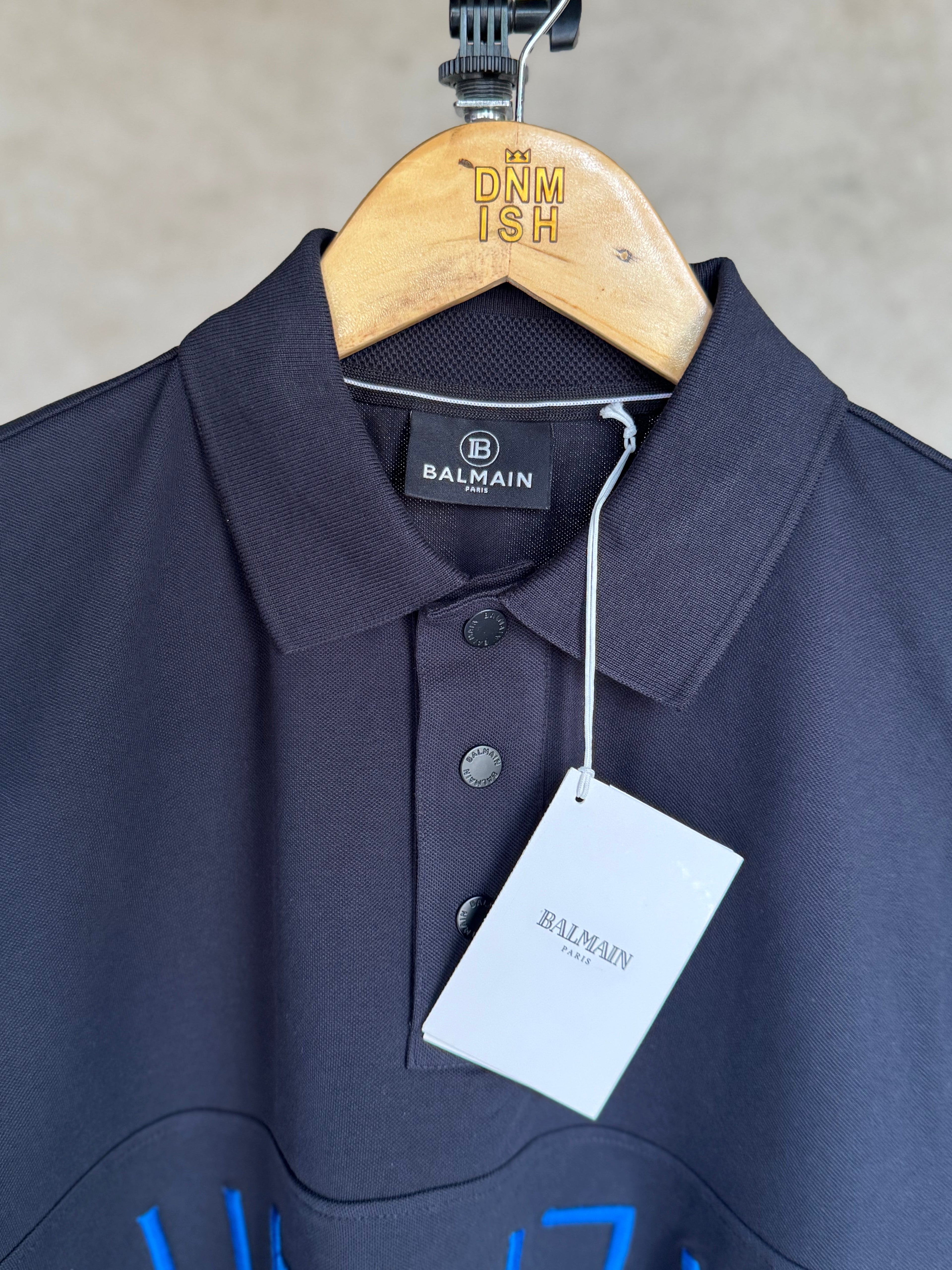 BALMAIN TEXT REVERSE EMBROIDERY POLO SHIRT | NAVY BLUE