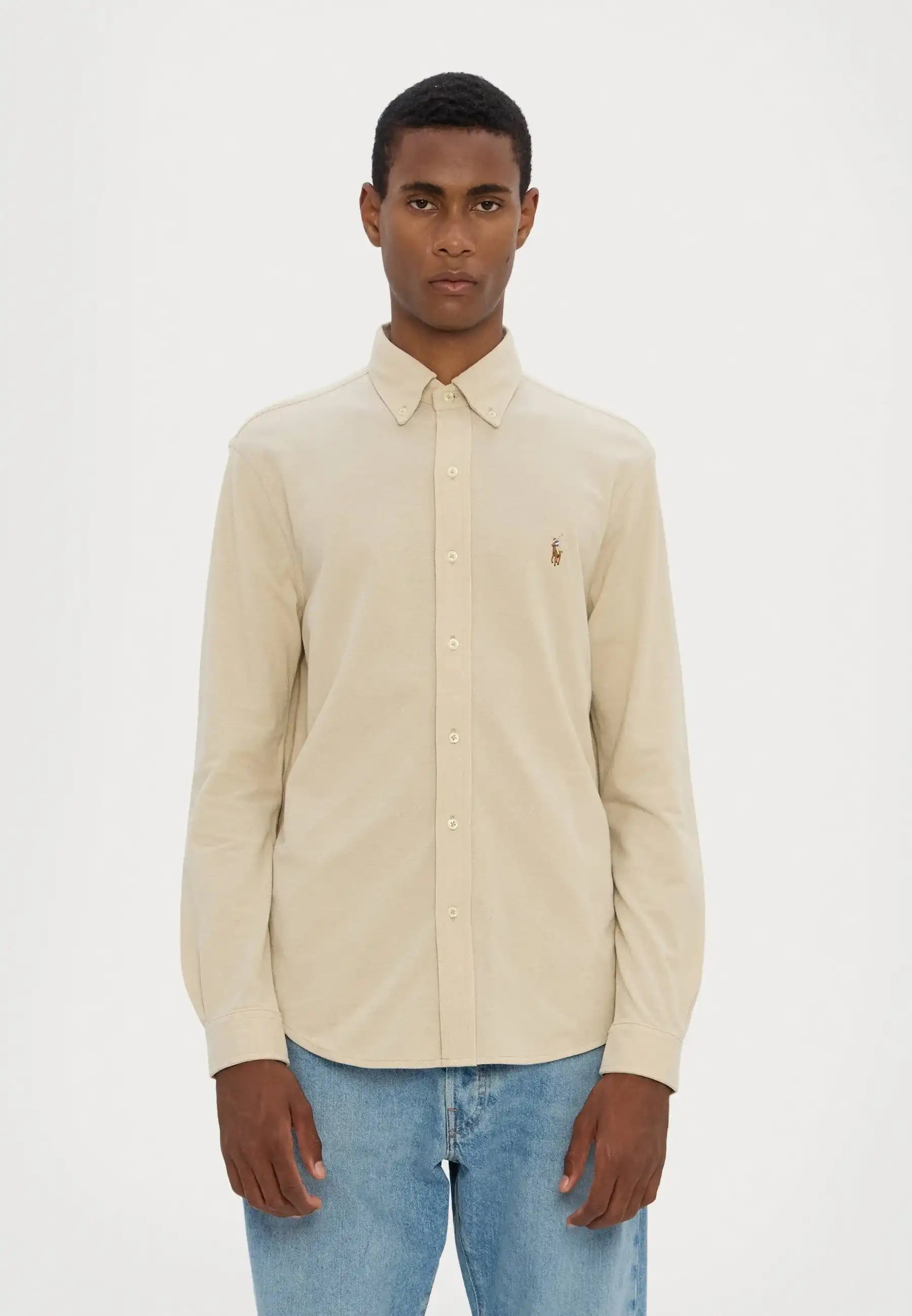 Polo Ralph Lauren knit Oxford shirt for men in coastal beige – stylish and comfortable.