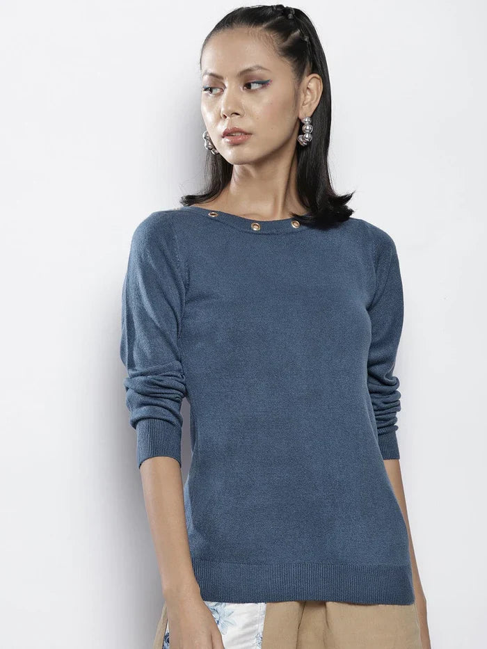 WOMEN BLUE RIB BOAT NECK FULL SLEEVES SWEATER | BLUE