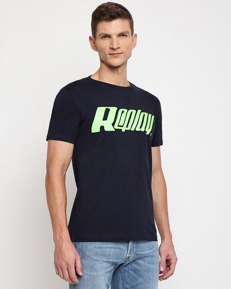 REPLAY BRAND PRINT CREW-NECK T-Shirt | D.BLUE