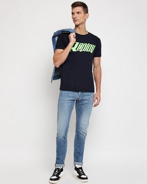 REPLAY BRAND PRINT CREW-NECK T-Shirt | D.BLUE
