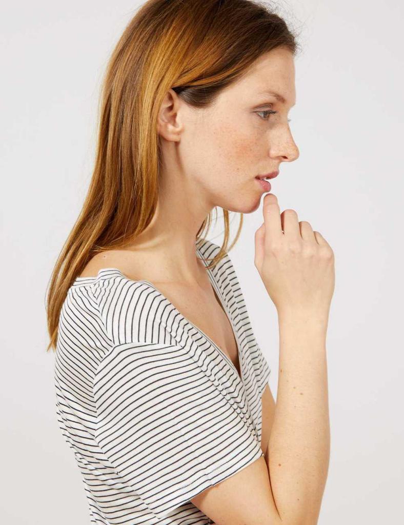 KIABI LADIES SLOUCHY V-NECK T-SHIRT | WHITE WITH BLACK LINES