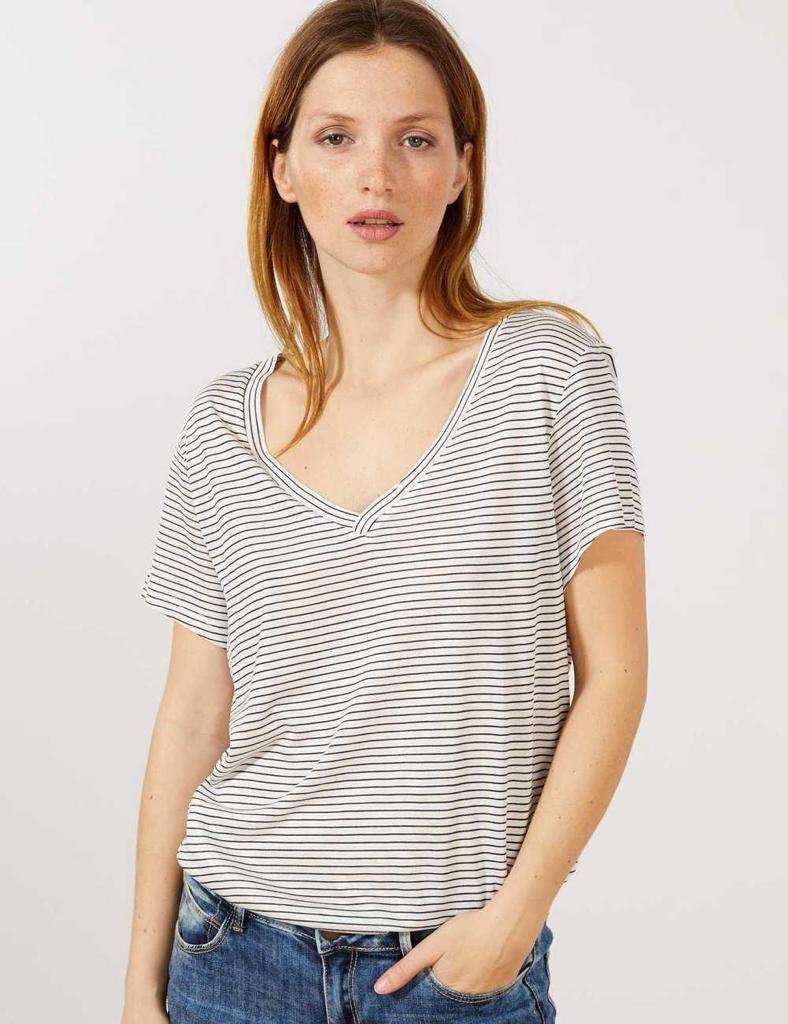 KIABI LADIES SLOUCHY V-NECK T-SHIRT | WHITE WITH BLACK LINES