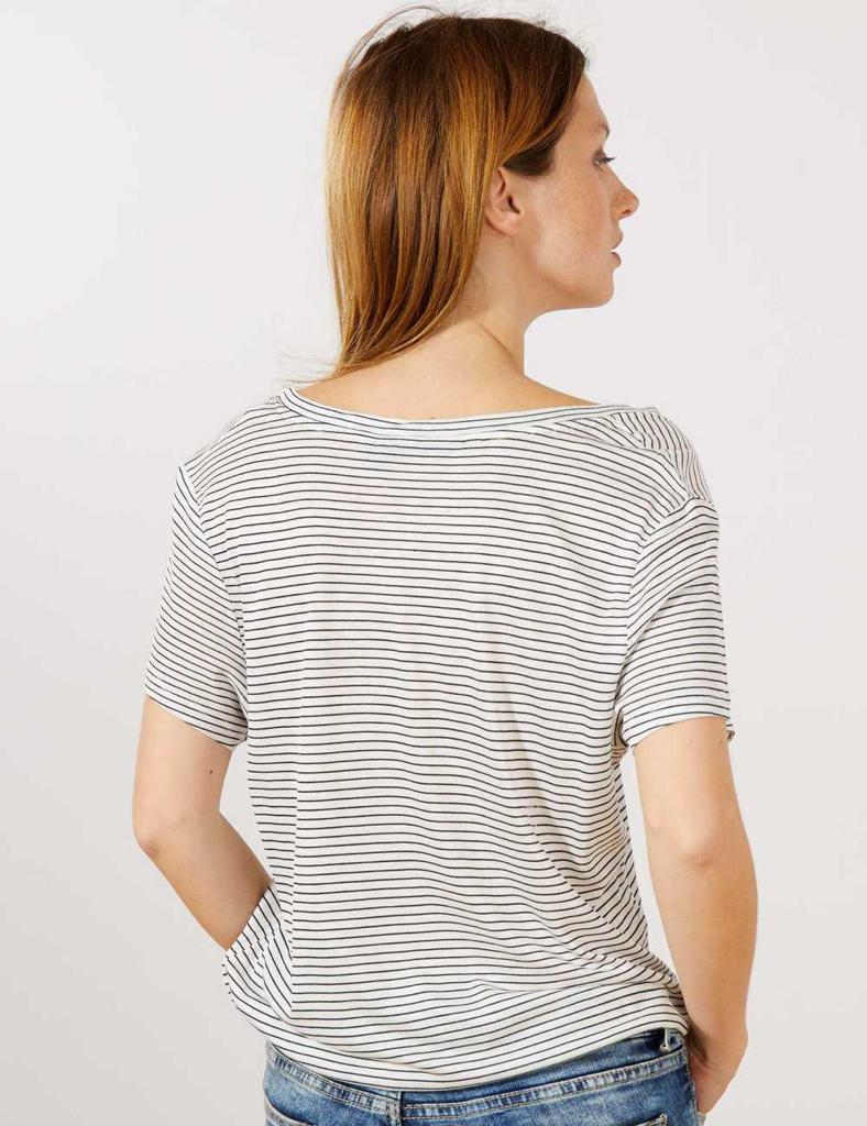 KIABI LADIES SLOUCHY V-NECK T-SHIRT | WHITE WITH BLACK LINES