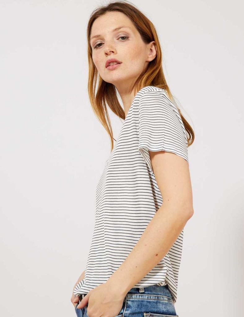 KIABI LADIES SLOUCHY V-NECK T-SHIRT | WHITE WITH BLACK LINES