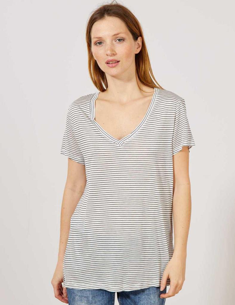 KIABI LADIES SLOUCHY V-NECK T-SHIRT | WHITE WITH BLACK LINES