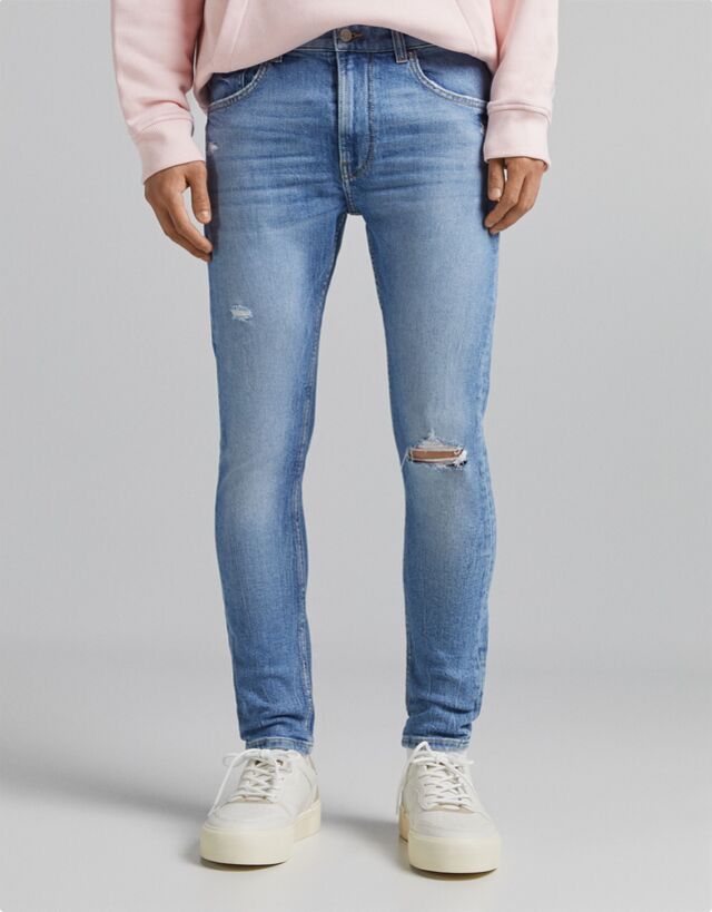 BERSHKA RIPPED SKINNY JEANS MEN | LIGHT BLUE