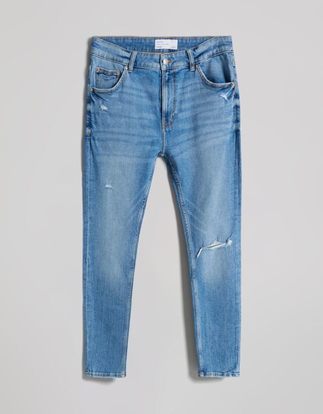 BERSHKA RIPPED SKINNY JEANS MEN | LIGHT BLUE
