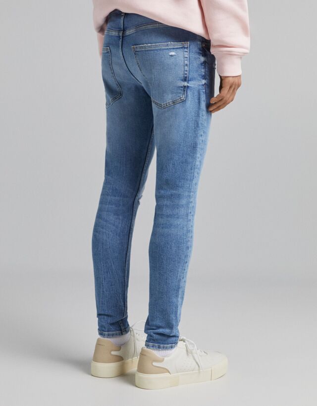 BERSHKA RIPPED SKINNY JEANS MEN | LIGHT BLUE