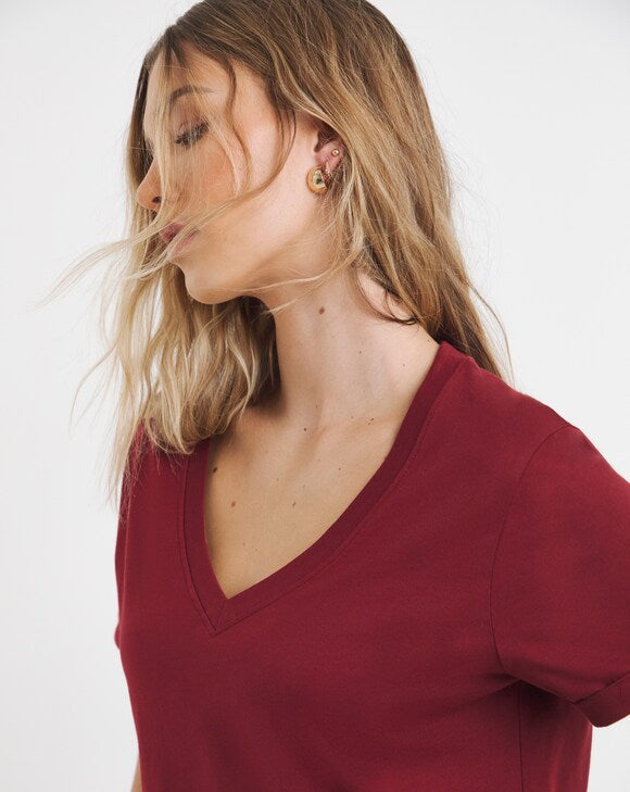 MOOKEE WOMEN'S BURGUNDY V-NECK COTTON T-SHIRT | SLEEVE TEE MAROON