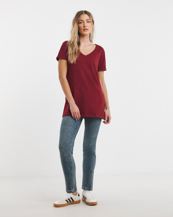 MOOKEE WOMEN'S BURGUNDY V-NECK COTTON T-SHIRT | SLEEVE TEE MAROON