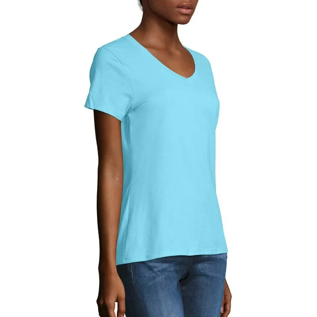 BLUE MOTION PLAIN V-NECK WOMEN'S T-SHIRT | BLUE