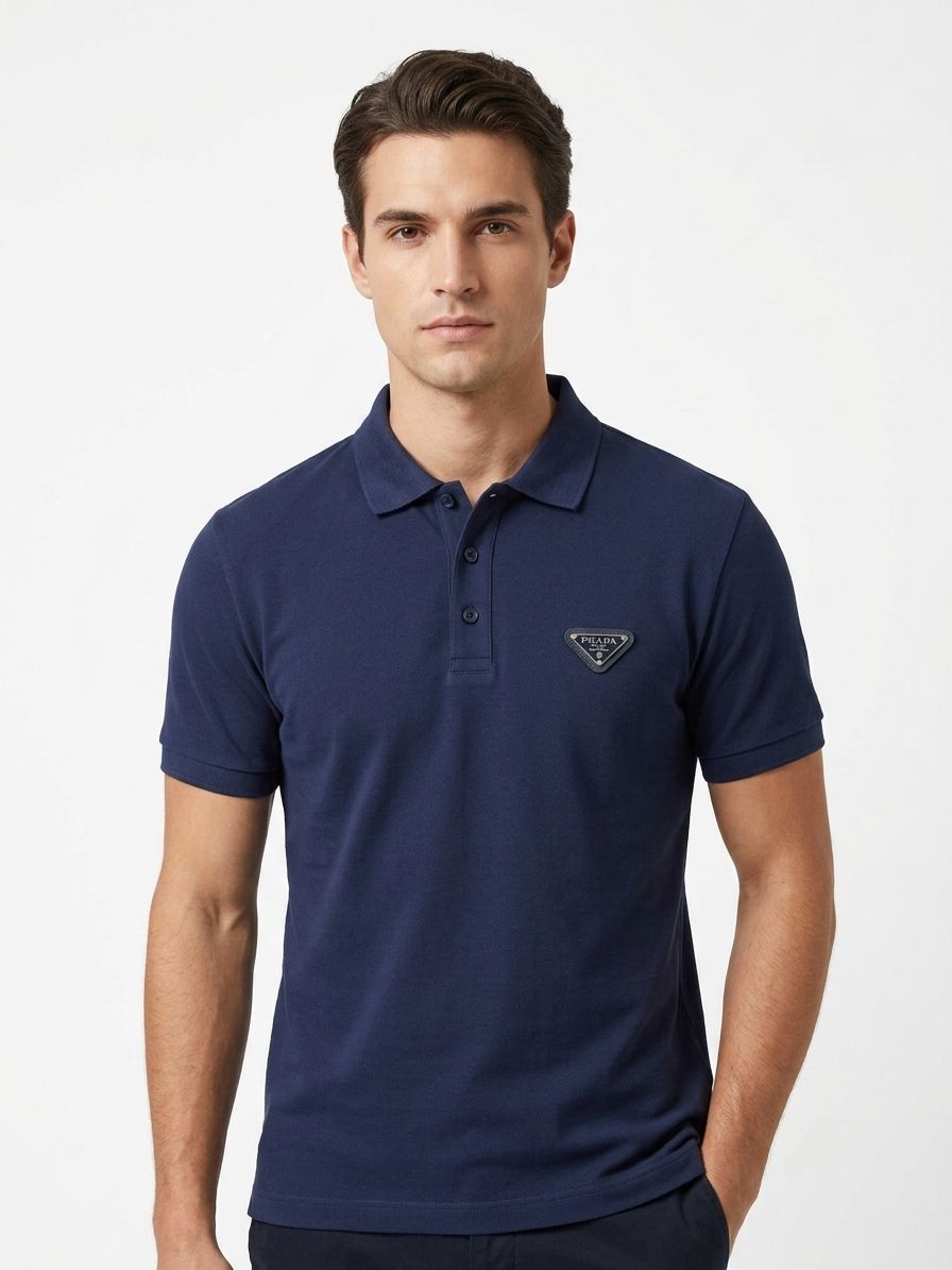 PRADA PIQUE MEN'S PLAIN TRIANGLE LOGO POLO | NAVY BLUE