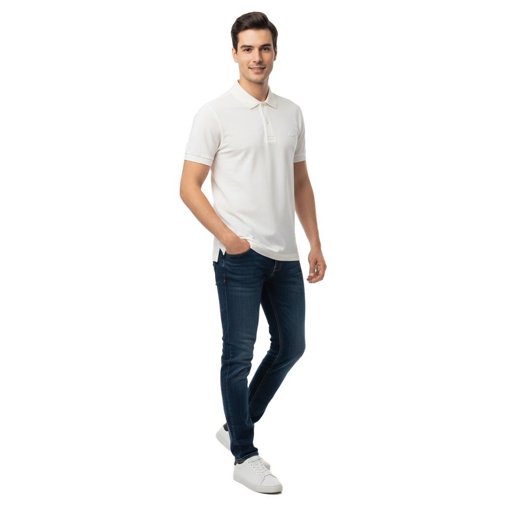 LACOSTE – CLASSIC POLO SHIRT WITH STRIPED COLLAR & EMBROIDERED LOGO | WHITE