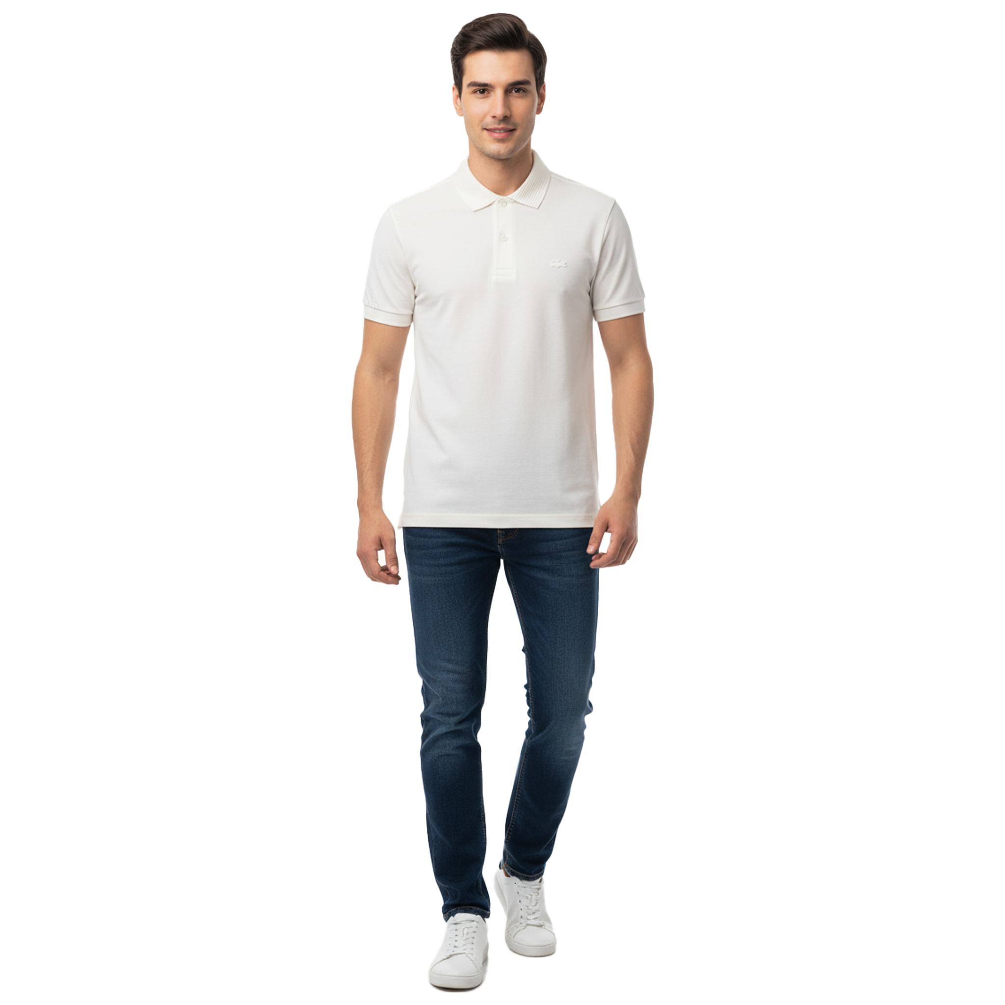 LACOSTE – CLASSIC POLO SHIRT WITH STRIPED COLLAR & EMBROIDERED LOGO | WHITE