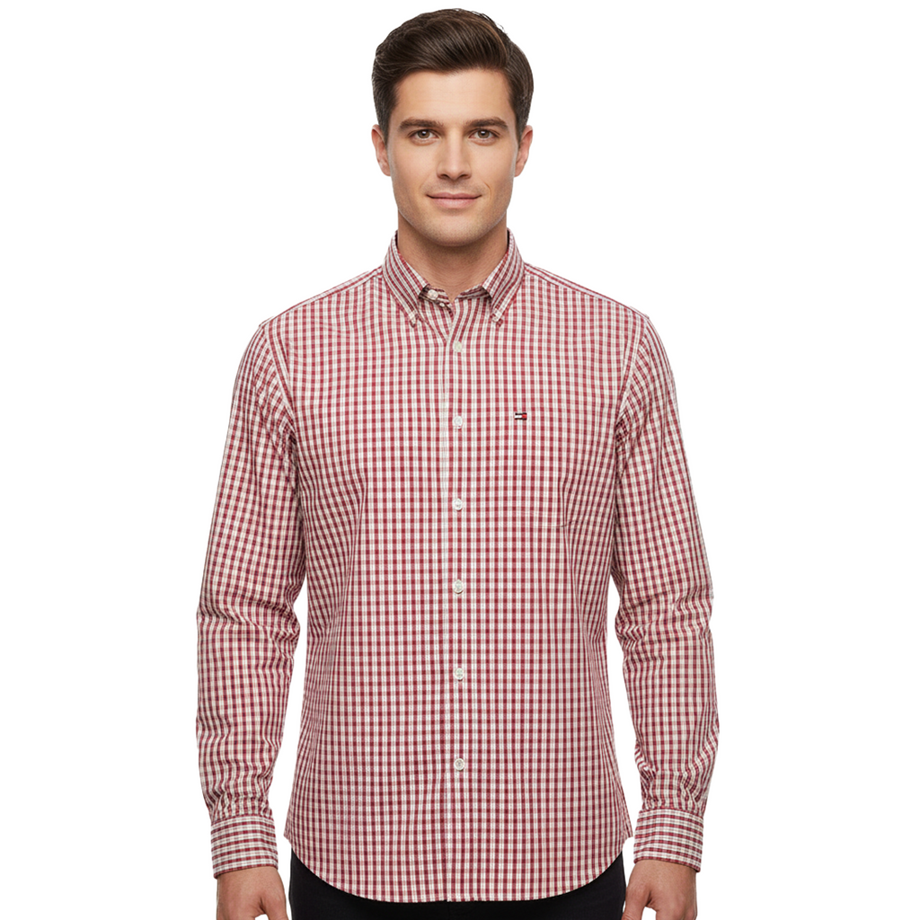 TOMMY HILFIGER MEN’S SLIM FIT RED STRIPED SHIRT | WHITE