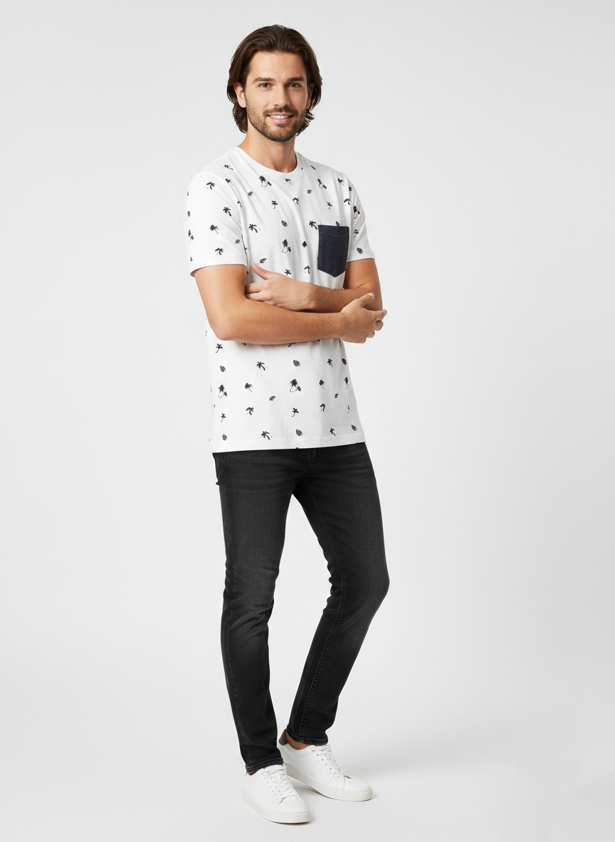 JACK & JONES MEN’S WHITE PRINTED T-SHIRT WITH CONTRAST POCKET | WHITE