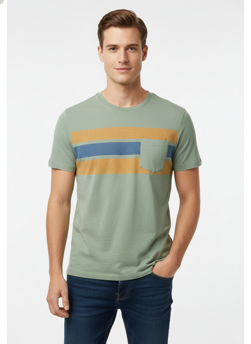 JACK & JONES PPREMIUM MEN’S CASUAL POCKET T-SHIRT  –  SAGE GREEN WITH CONTRAST  STRIPES