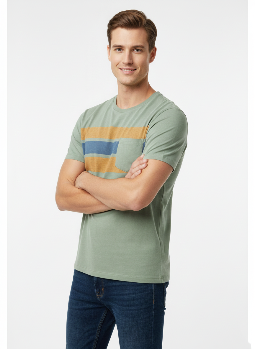 JACK & JONES PPREMIUM MEN’S CASUAL POCKET T-SHIRT  –  SAGE GREEN WITH CONTRAST  STRIPES
