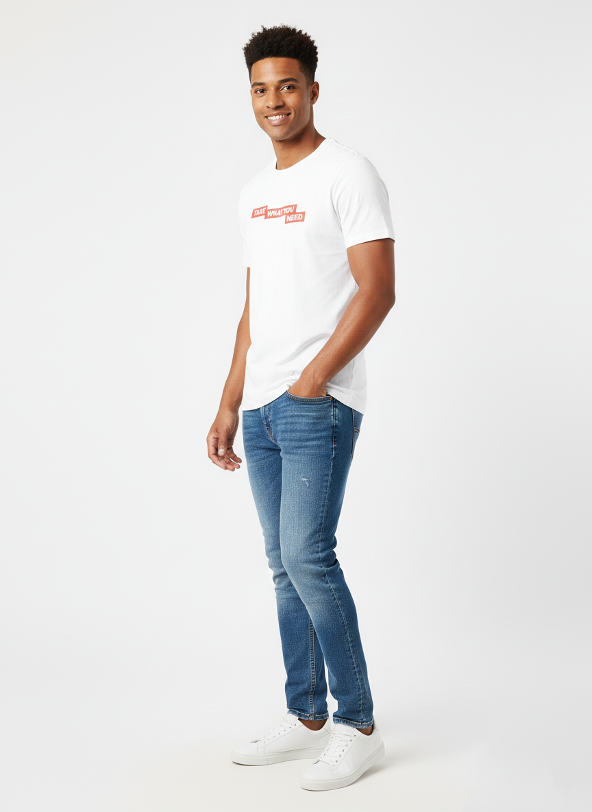 JACK & JONES PRINTED ROUND NECK T-SHIRT FOR MEN - '' TAKE WHAT YOU NEED''  | WHITE